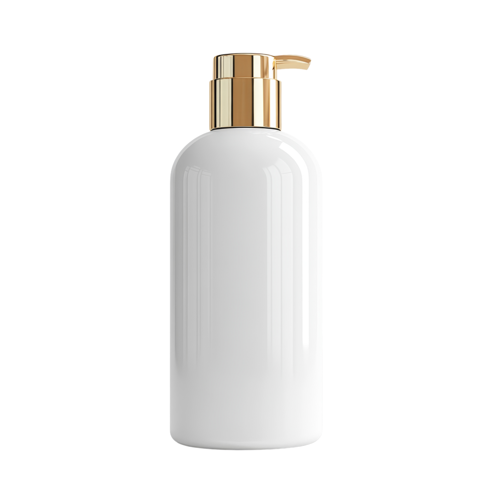 Elegant luxury shampoo bottle with a gold pump cap on a clean transparent background, Luxury blank shampoo bottle on a transparent background png