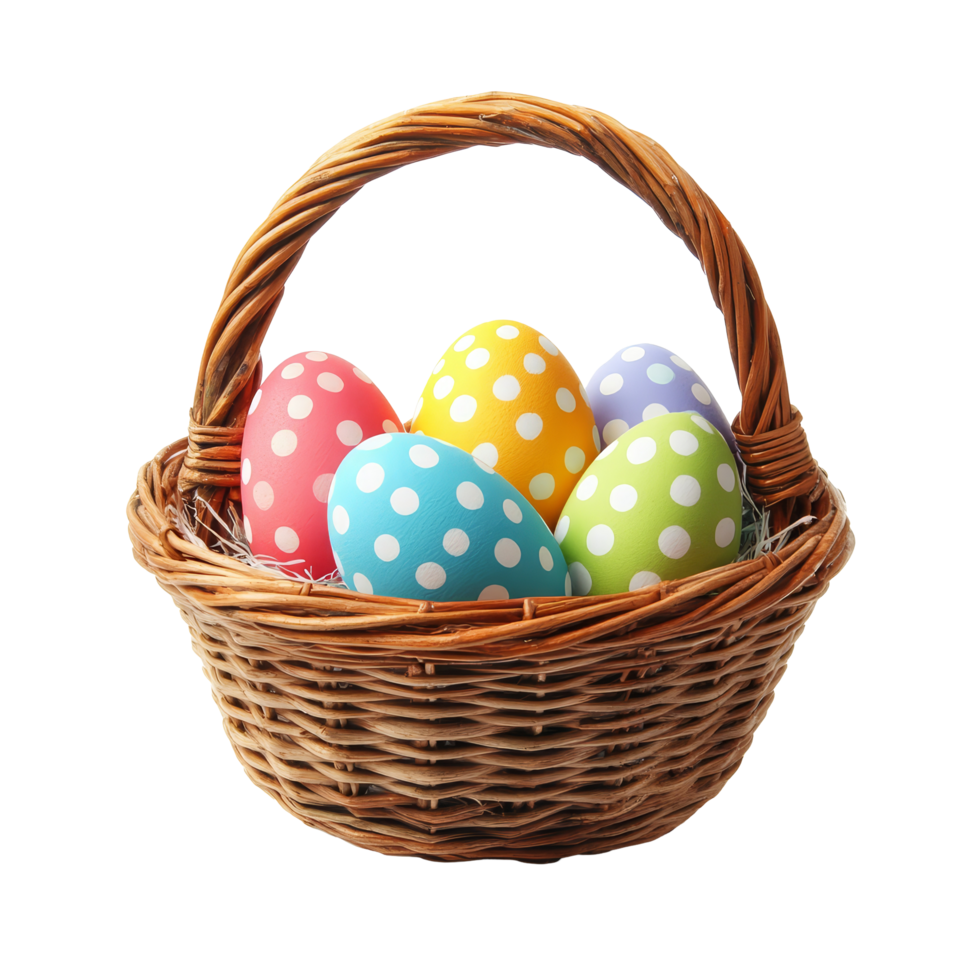 Colorful polka dot Easter eggs sit in a wicker basket against a bright background for festive spring celebrations, Colorful Polka Dot Easter Eggs in Wicker Basket on transparent background png