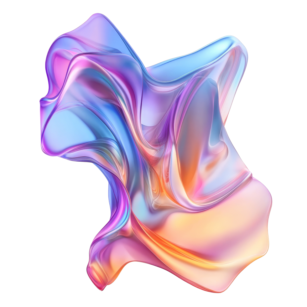 A captivating multi colored iridescent wave shape flows gracefully, showcasing vibrant hues and smooth textures, multicolored flowing abstract iridescent wave shape isolated on transparent background png
