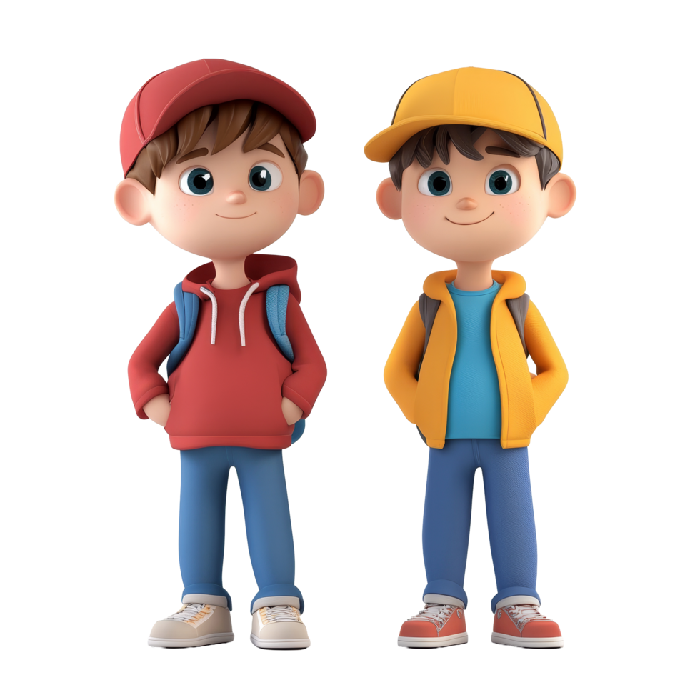 Two cartoon boys in casual attire standing together against a plain background, 3D cartoon boys on transparent background png