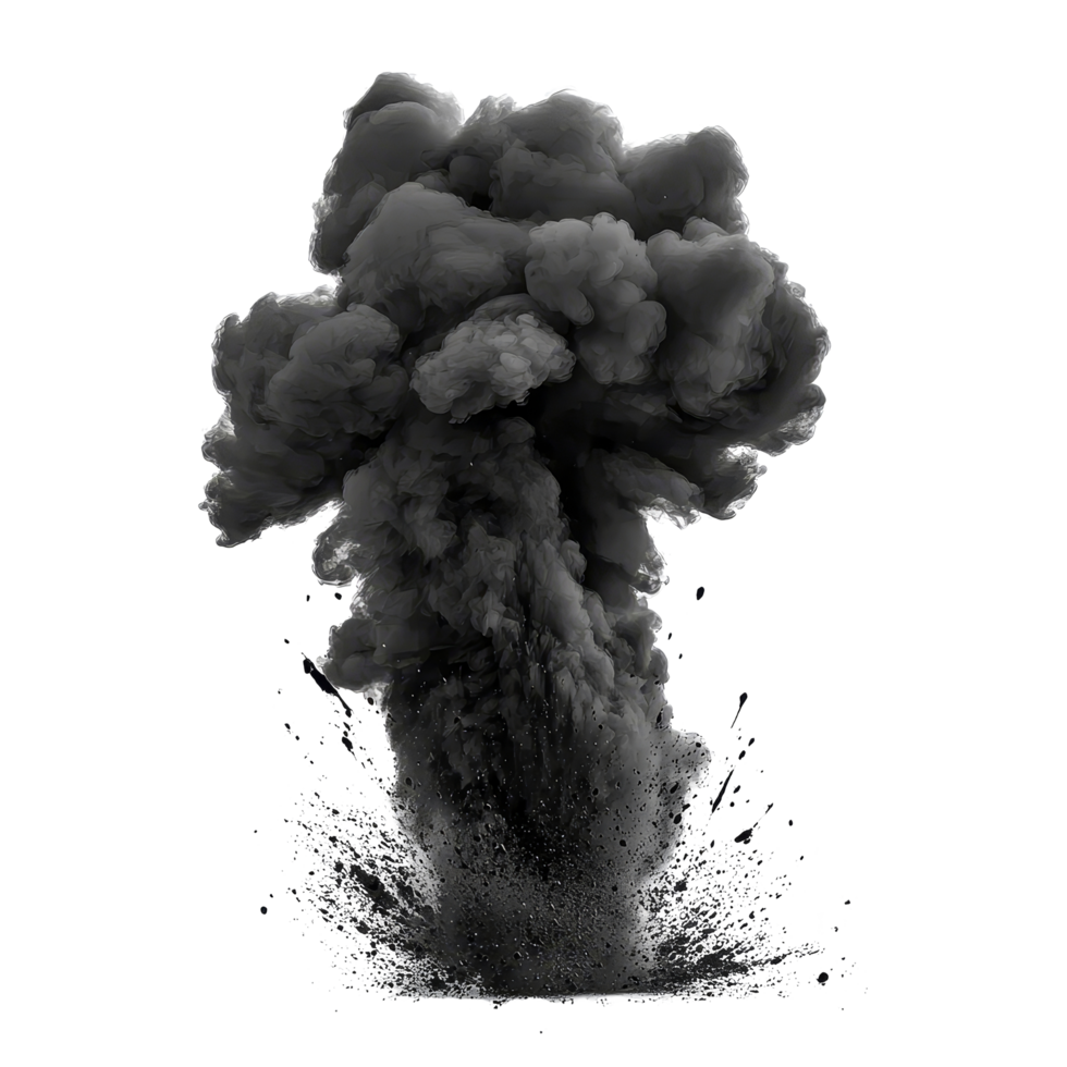 Black paint splash explosion creating a dramatic smoke cloud against a transparent background, Black paint splash explosion smoke cloud isolated on transparent background png