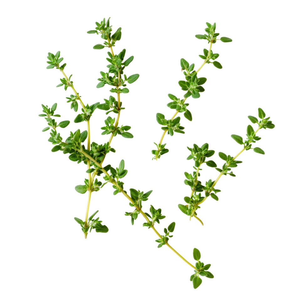 Fresh thyme leaves on transparent background showcasing their vibrant color and texture for culinary and herbal uses, thyme leaves isolated on transparent background png