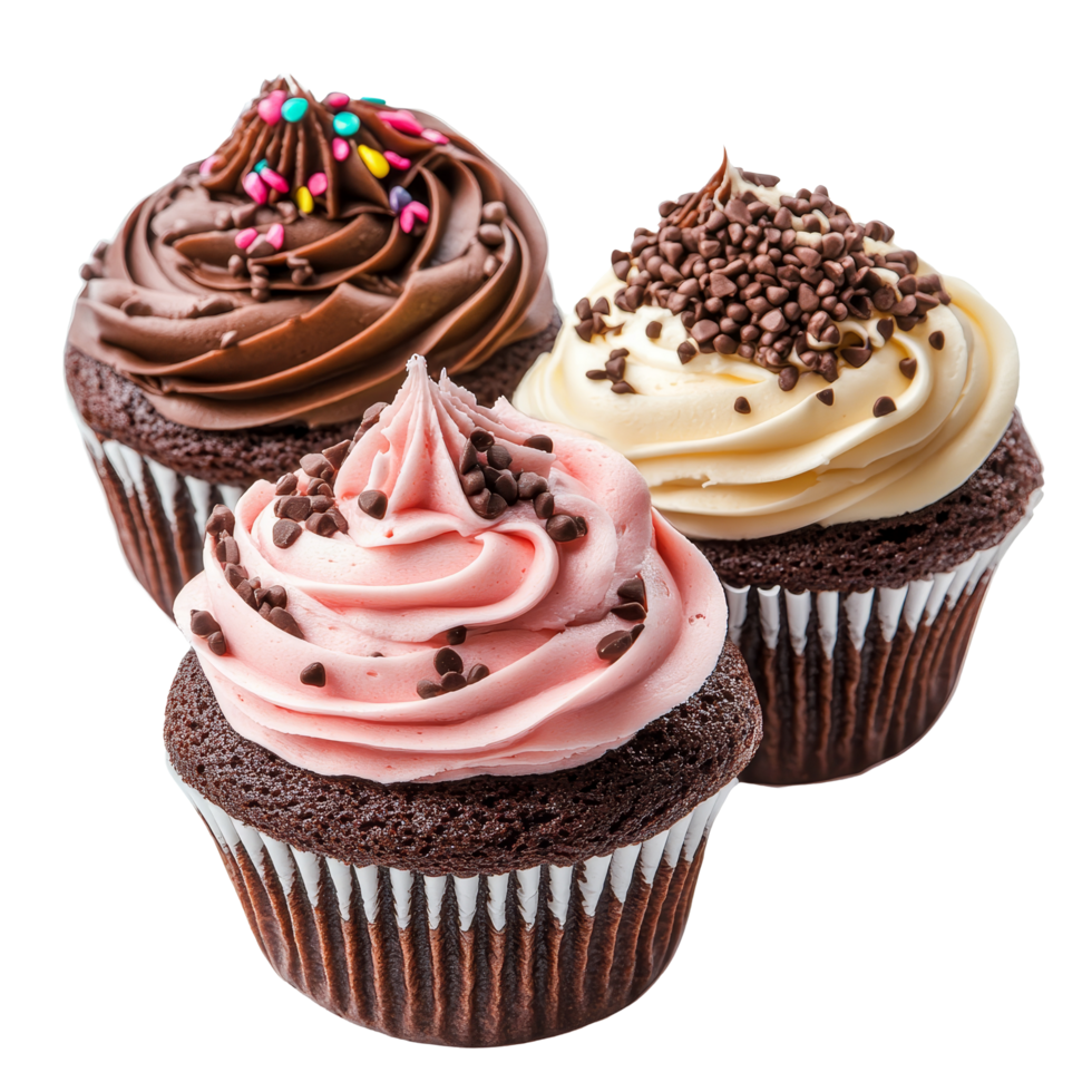Delicious chocolate and vanilla cupcakes with frosting and sprinkles on a transparent background, 3 cup cake isolated on transparent background cutout png
