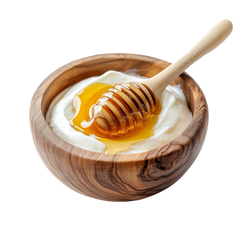 Delicious honey drizzled over creamy yogurt in a rustic wooden bowl on a transparent background, Honey with yogurt in a wooden bowl on a transparent background png