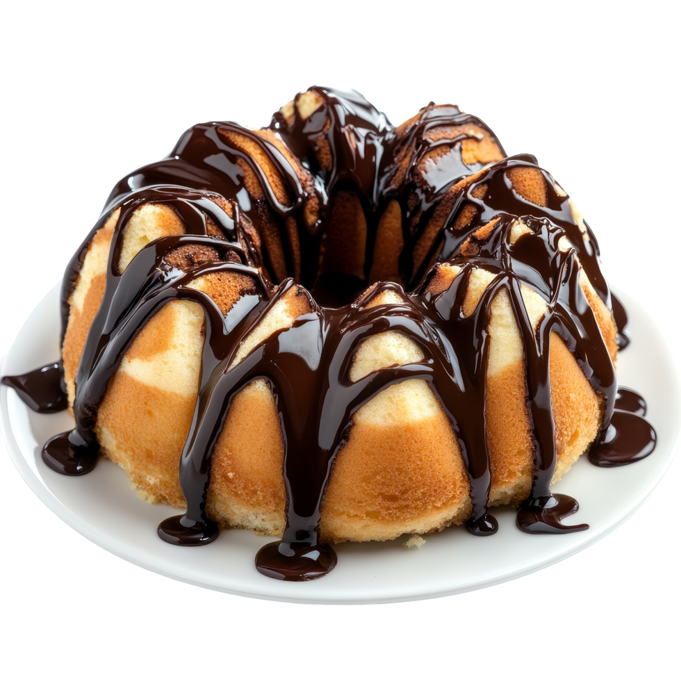 Delicious turtle cake drizzled with rich chocolate syrup on a transparent plate, Isolated turtle cake with chocolate syrup png