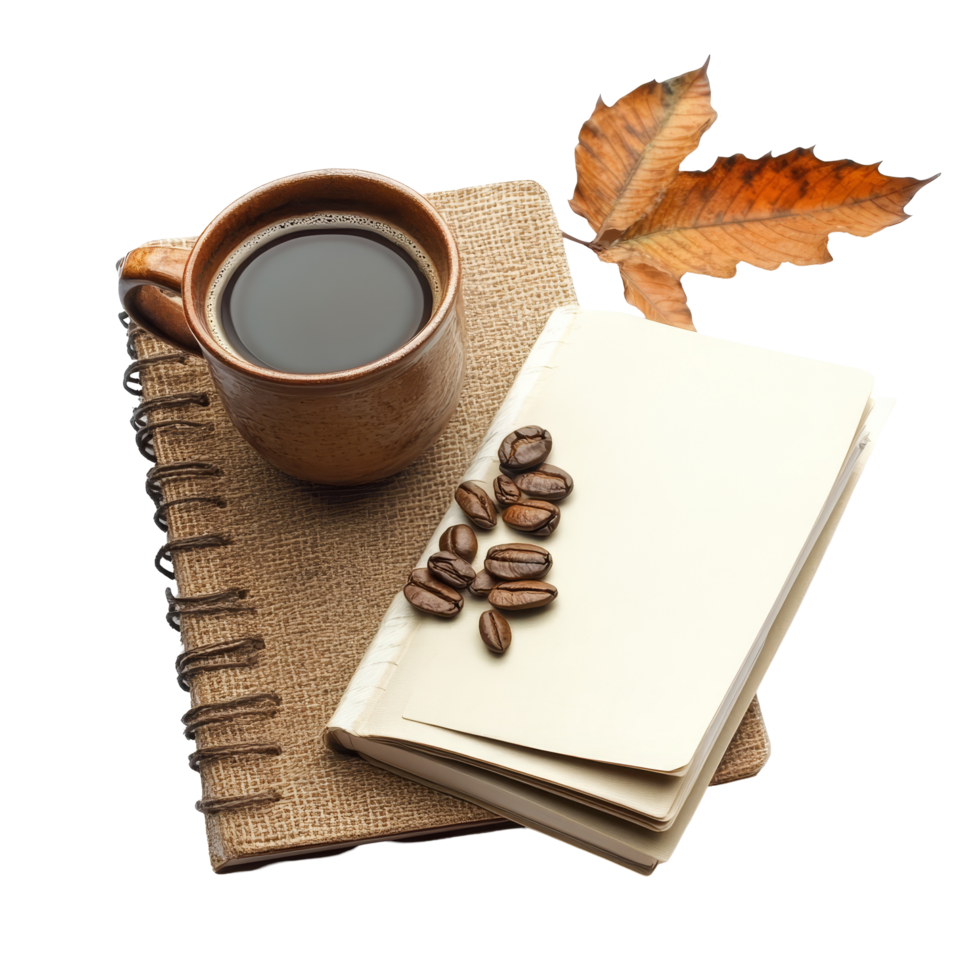 Cozy coffee moments with a notebook and coffee beans on a clean transparent background for creative inspiration, Note book and coffee on transparent background png