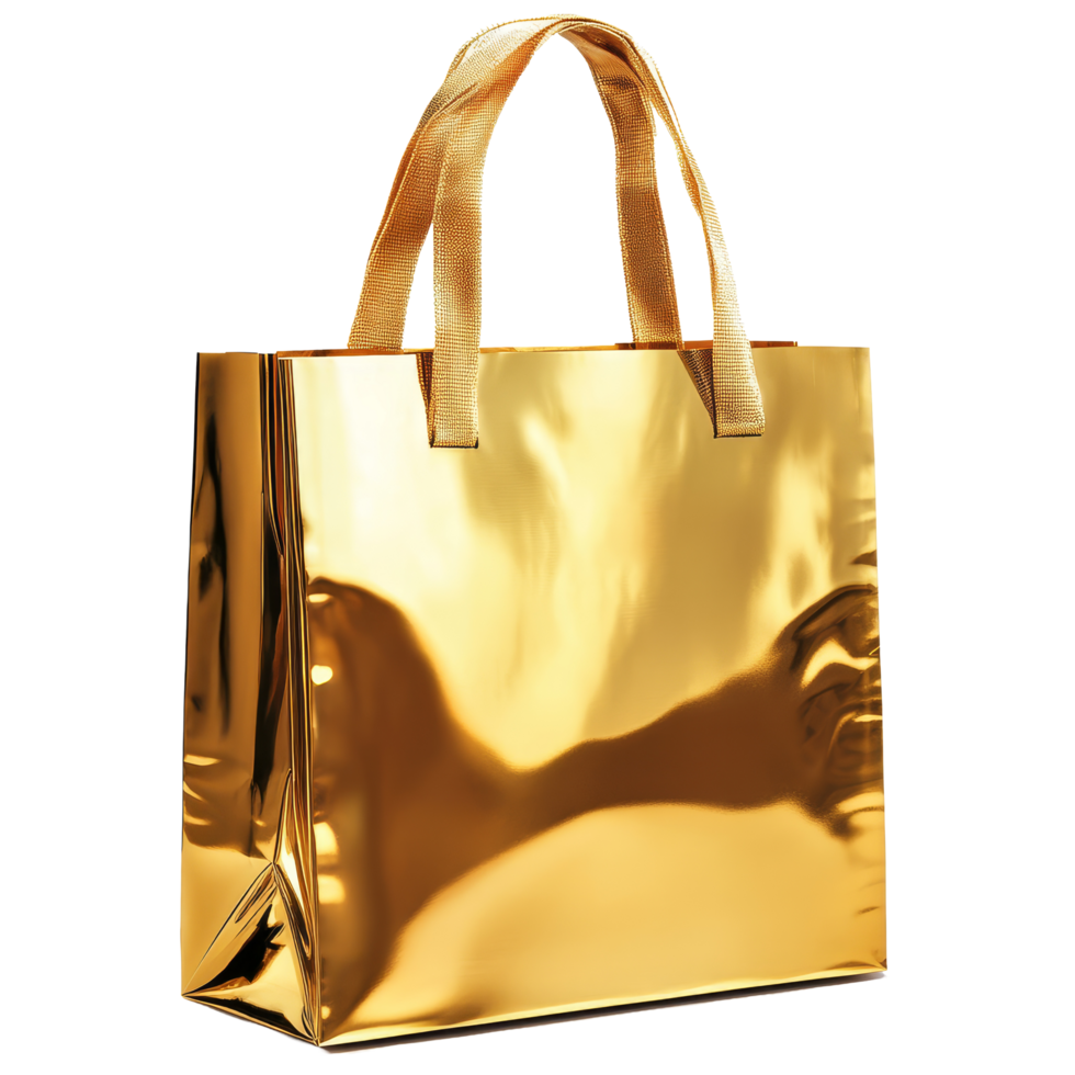 A shiny gold shopping bag isolated on a transparent background for luxury retail display or gift purposes, Gold shopping bag isolated png