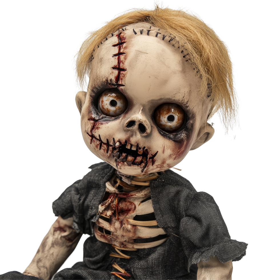 A creepy doll with stitched scars and haunting eyes in a Halloween themed display against a transparent background, Creepy Doll Halloween Horror Character On transparent background png