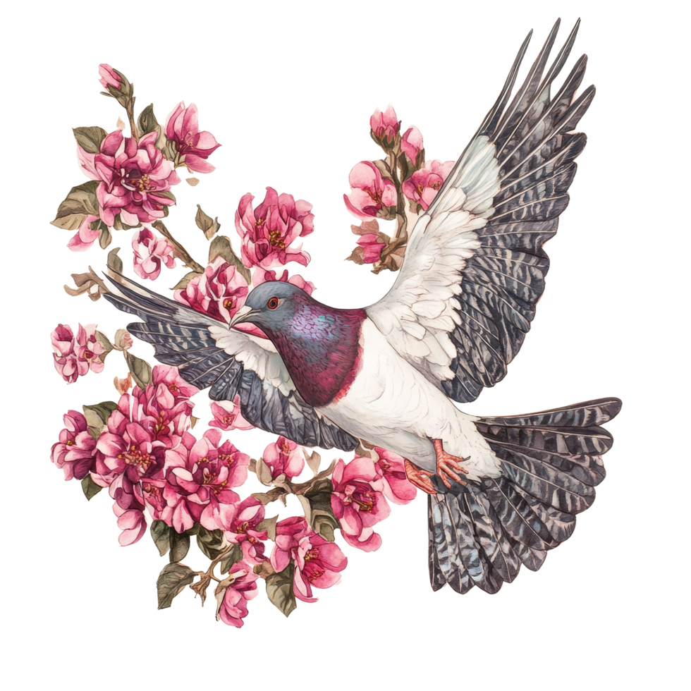 Asian pigeonwings flower surrounded by a colorful pigeon in mid flight on a bright transparent background, Asian pigeonwings flowe on transparent background png