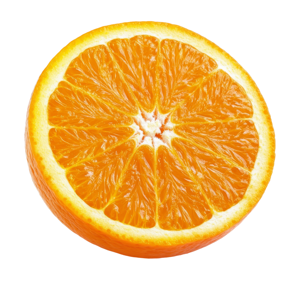 Freshly sliced orange resting on a clean transparent background, showcasing vibrant color and juicy interior details, fresh orange isolated on transparent background png