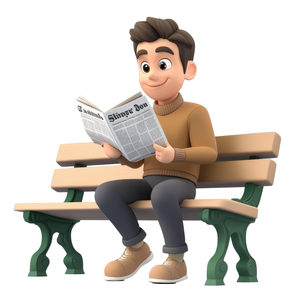 Male cartoon character enjoying a newspaper while sitting on a park bench during the morning, 3d cartoon character male reading newspaper on a bench, on transparent background png