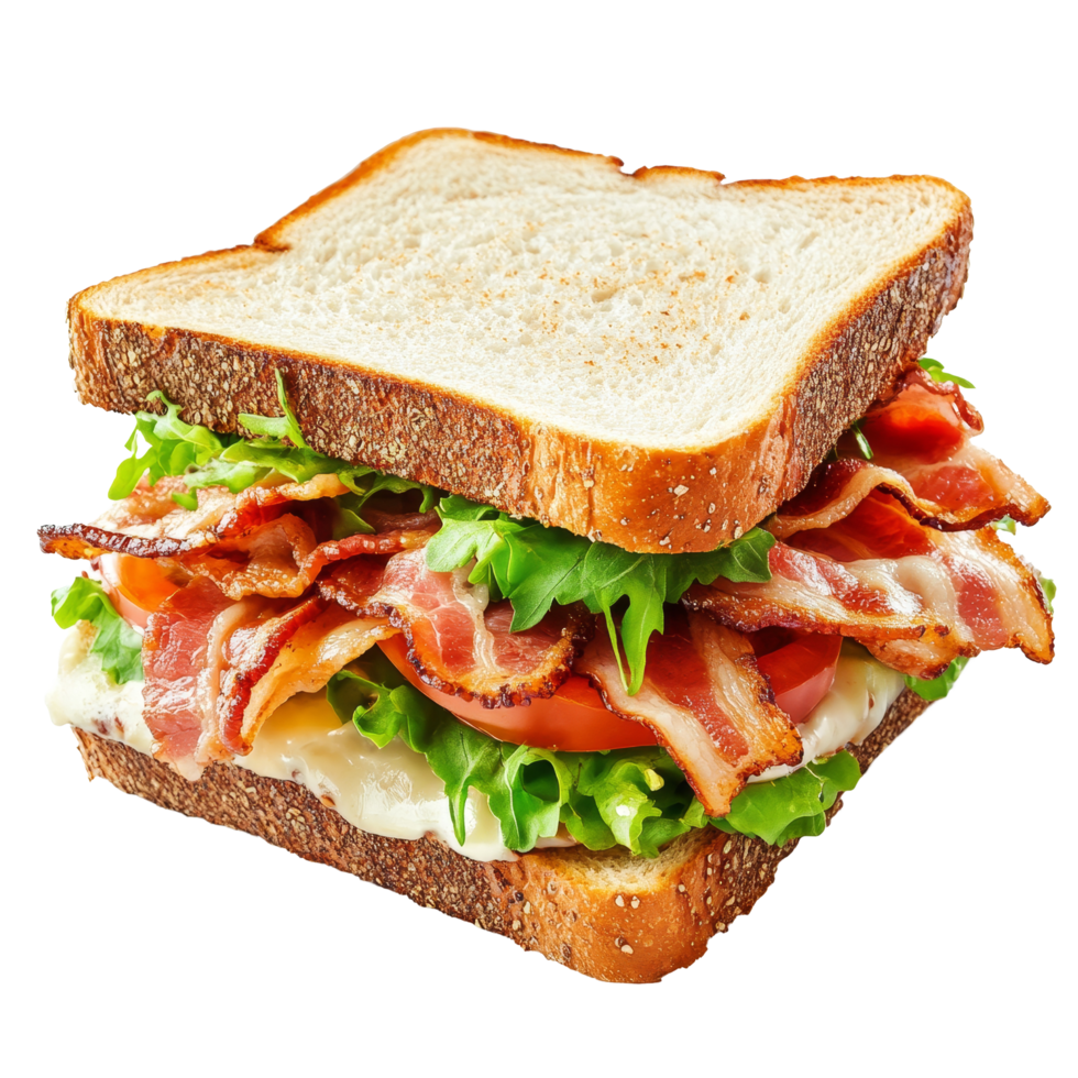 Delicious bacon sandwich layered with fresh lettuce and tomato on whole grain bread against a transparent background, sandwich with bacon isolated on transparent background png