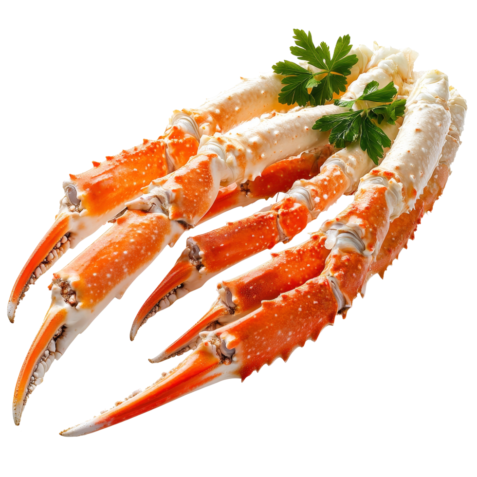Freshly cooked crab legs served on a transparent background garnished with parsley for an appetizing presentation, Fresh tasty cooked crab legs on a transparent background. crab legs png