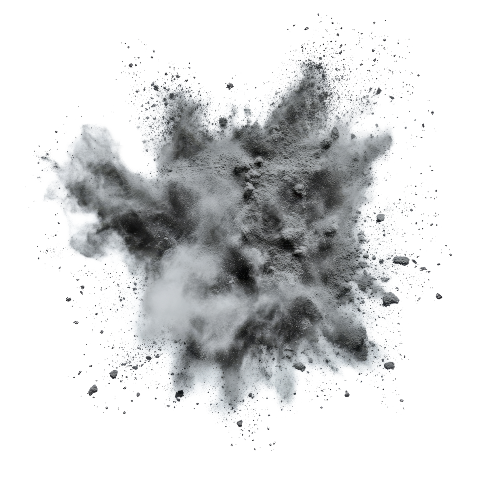 Grey powder explosion creating a dynamic cloud effect isolated on a transparent background, grey color powder pulver explosion isolated on transparent background png