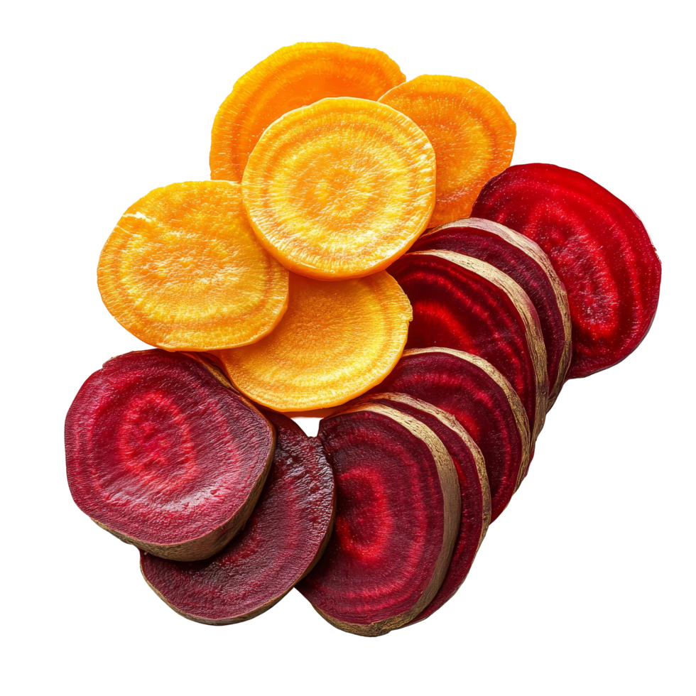 Sliced beetroot and carrot arranged on a transparent background showcasing vibrant colors and textures, Beetroot and carrot slices isolated on transparent background png