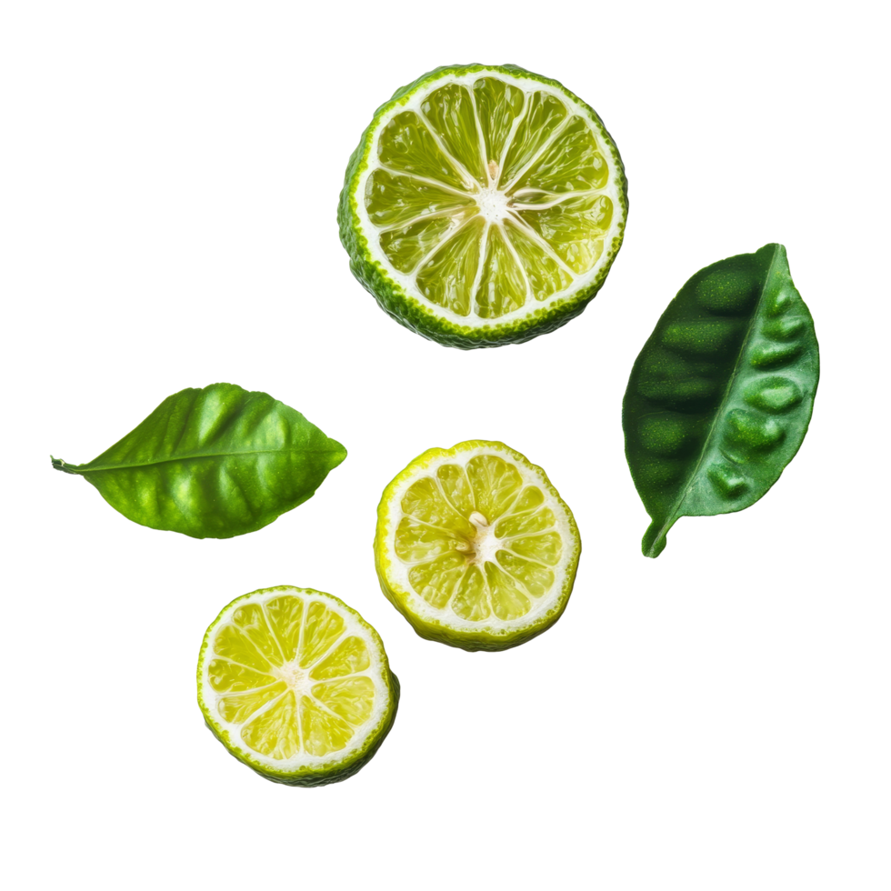 Fresh bergamot fruit sliced with vibrant green leaves on a clean transparent background, bergamot on transparent background png