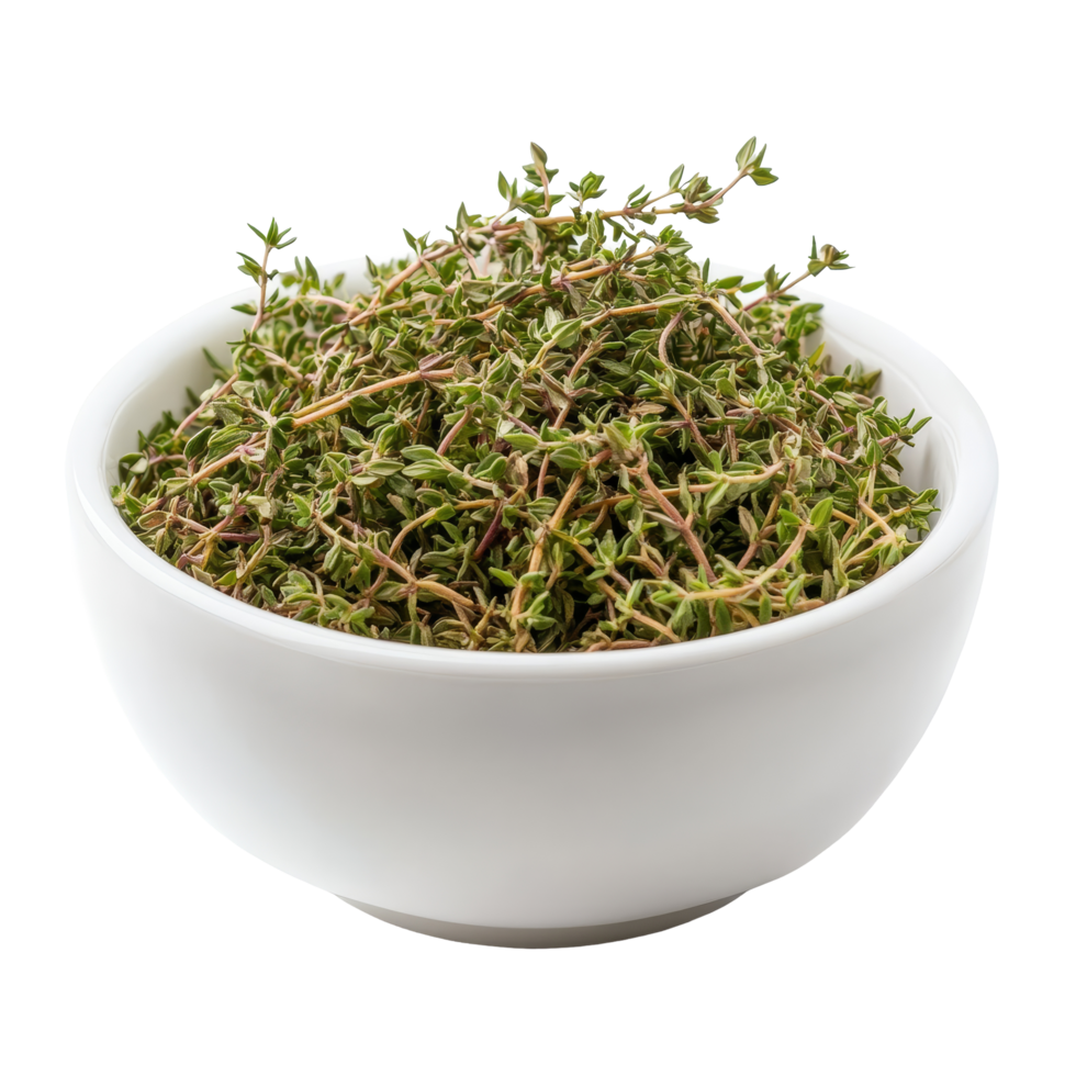Dried thyme leaves in a transparent bowl on a clean transparent background ready for culinary use or flavoring dishes, dry thyme leaves in transparent bowl isolated on transparent background png