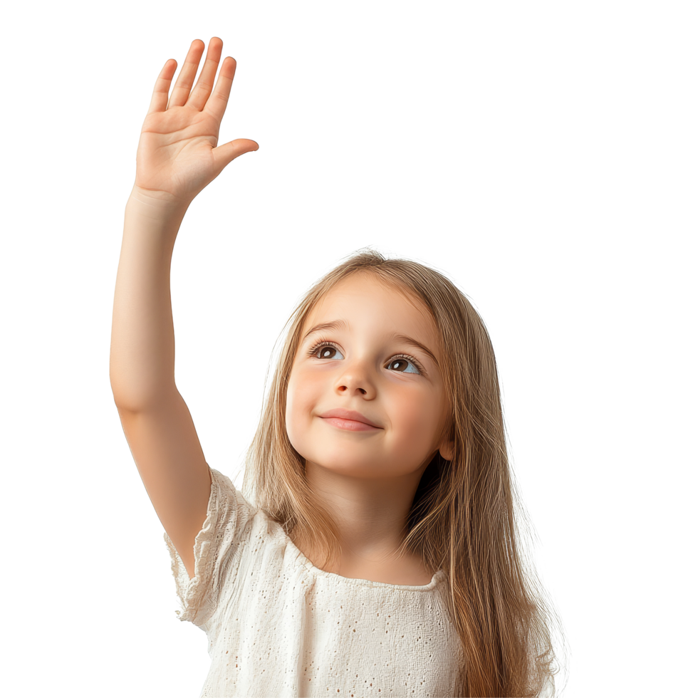Young girl raising her hand with a joyful expression on a plain transparent background, Young Girl with Raised Hand on transparent background png