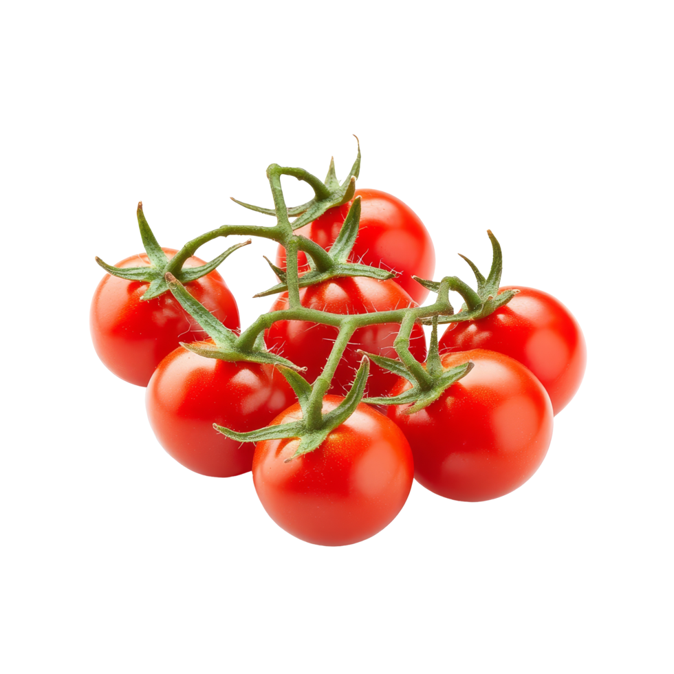 Fresh cherry tomatoes on the vine captured against a clean transparent background for culinary inspiration, Fresh cherry tomatoes isolated on transparent background png