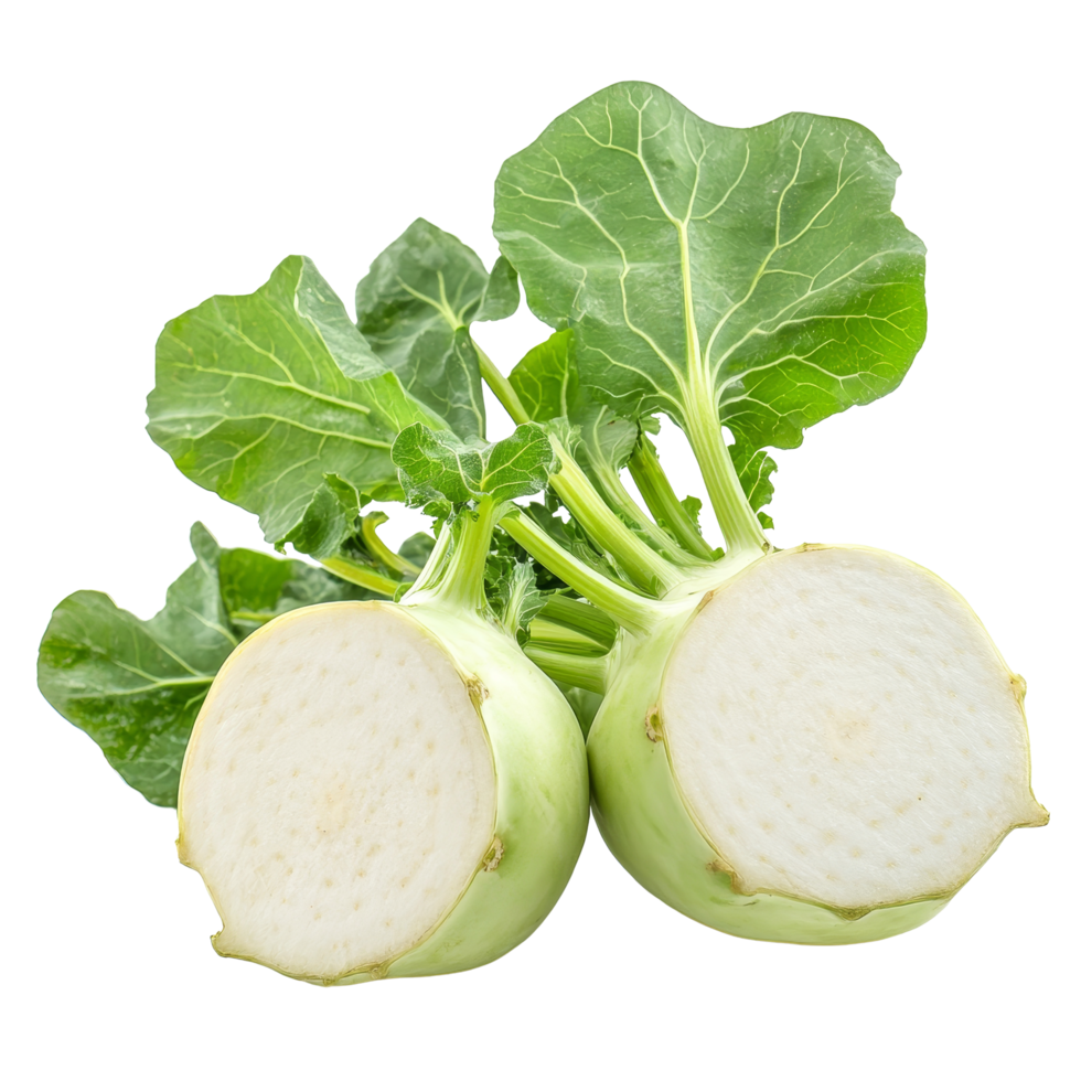 Fresh kohlrabi with vibrant green leaves displayed against a clean transparent background for a crisp culinary look, Fresh kohlrabi with green leaves on transparent background png