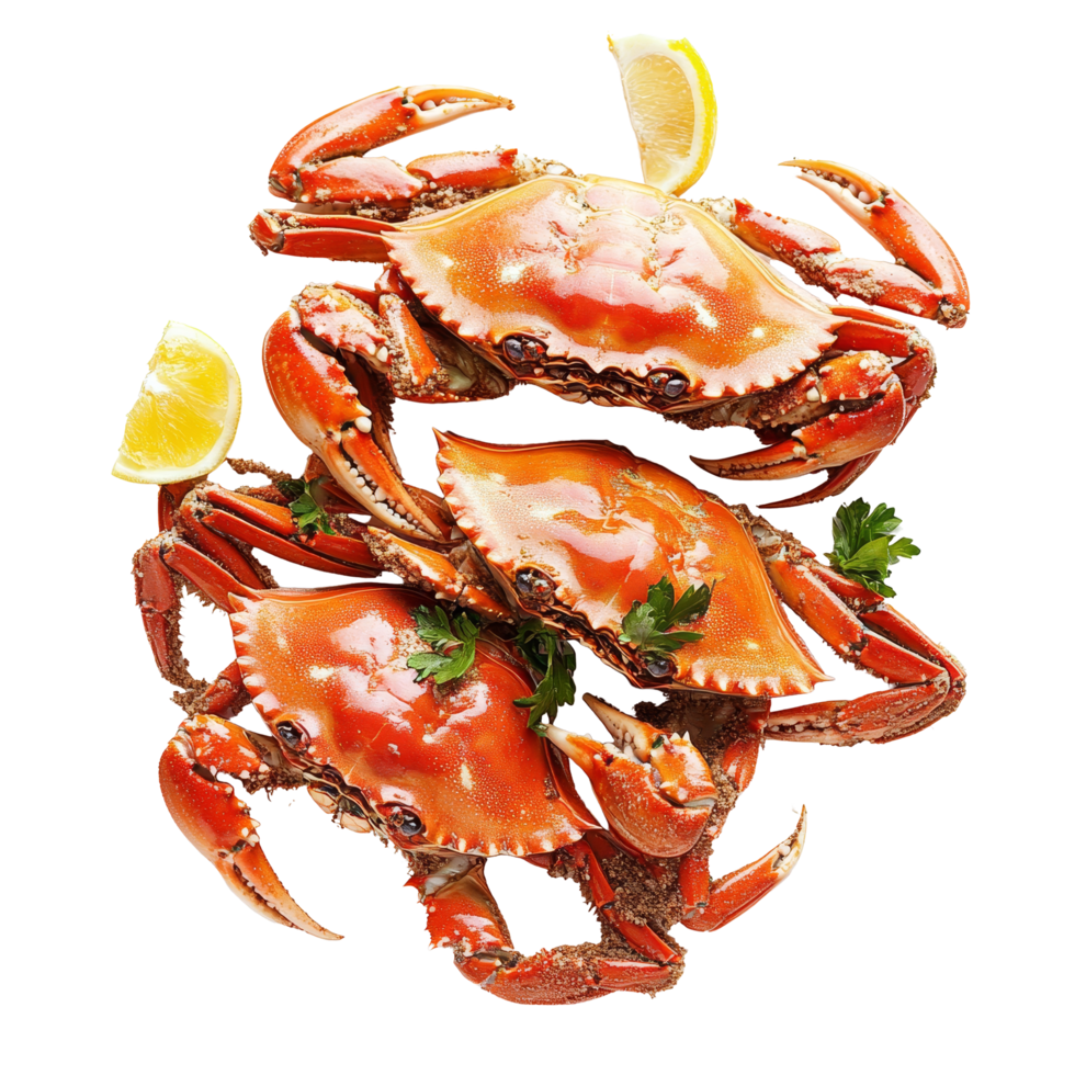 Boiled crabs garnished with lemon and herbs on a transparent background in a transparent hue, Boiled crabs prepared on transparent background png