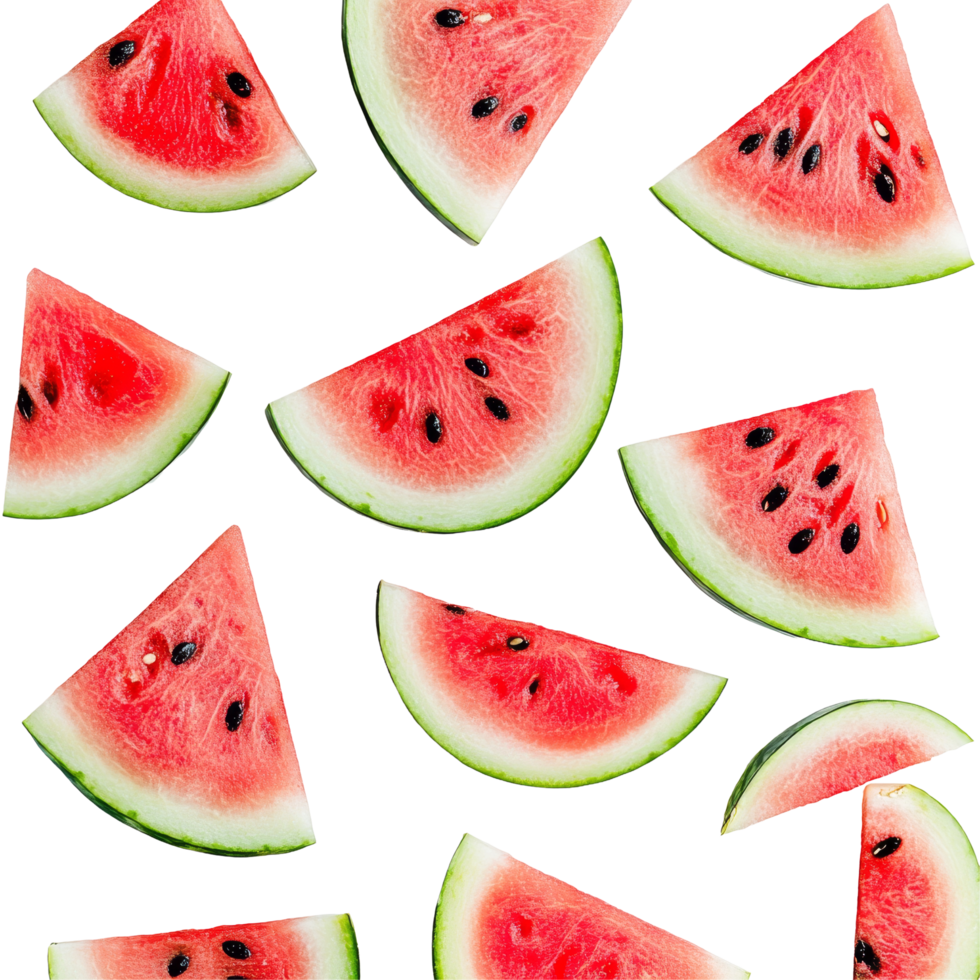 Freshly sliced watermelon pieces arranged on a bright transparent background for a summer treat presentation, Sliced of watermelon on transparent background png