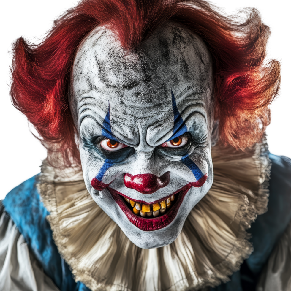This unsettling figure features a menacing expression with sharp teeth, vibrant red hair, and dramatic makeup, Evil clown on transparent background png