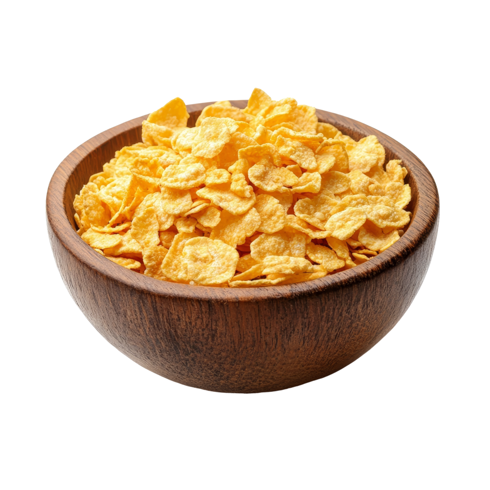 A wooden bowl filled with corn flakes isolated on a transparent background ideal for breakfast or snack options in a kitchen setting, corn flakes in wood bowl isolated on transparent background png