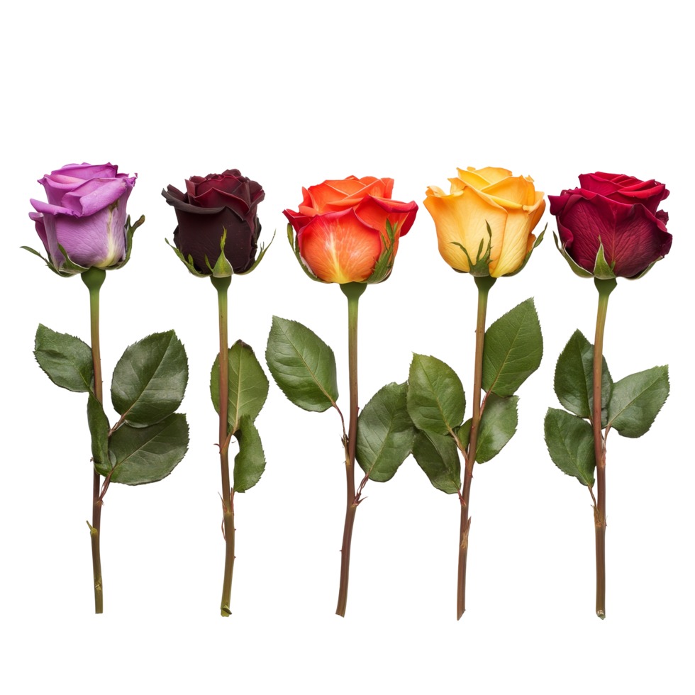 A row of vibrant roses in various colors against a plain background showcasing natures beauty, row of multicolored rose flowersfile of isolated object on transparent background png