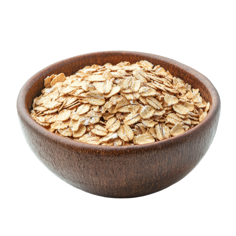 Oat flakes in a wooden bowl against a plain transparent background for healthy meal preparation and snacking options, Oat flakes in bowl on transparent background png