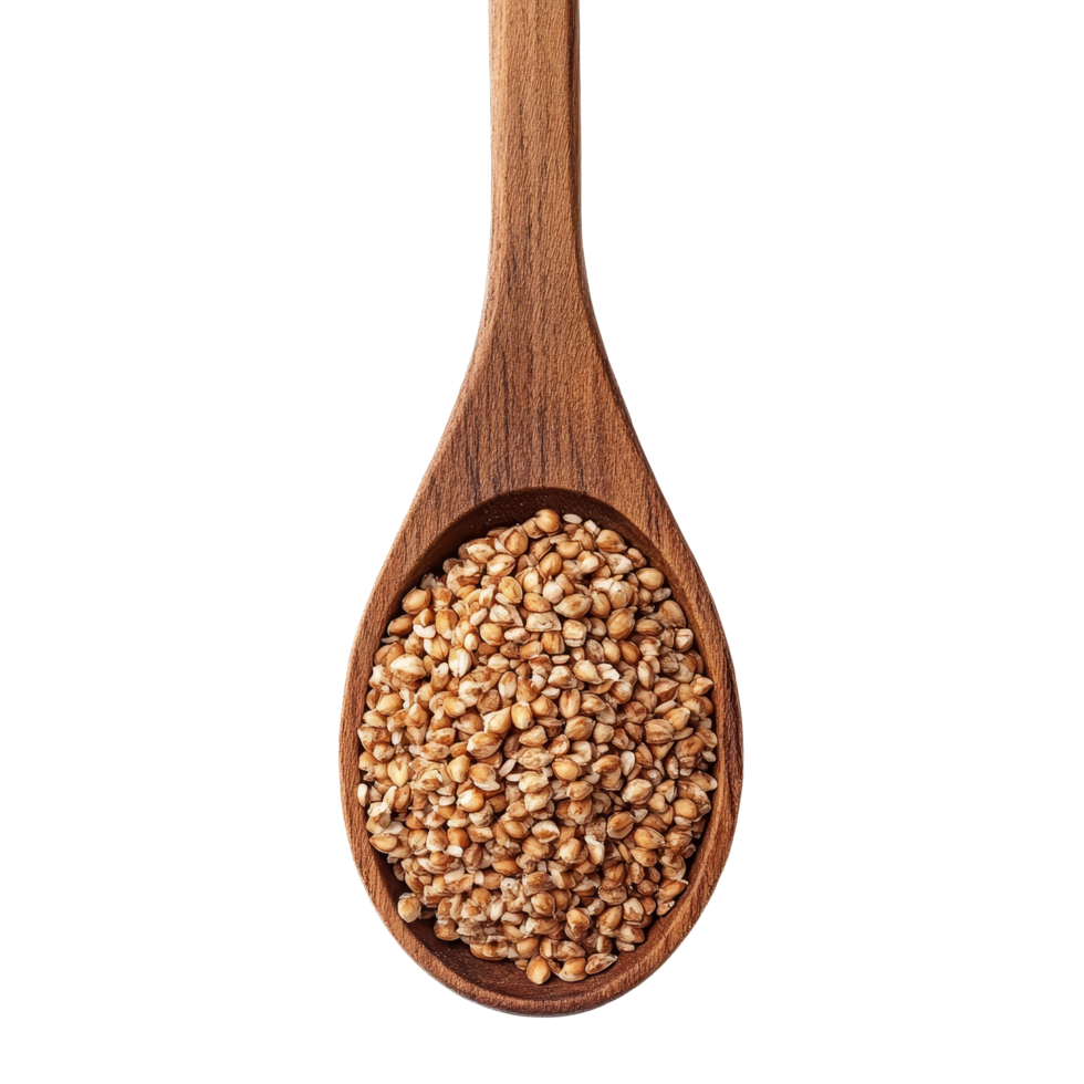 Buckwheat grains scooped in a wooden spoon against a transparent background for cooking or baking, Buckwheat in wood spoon isolated on transparent background png