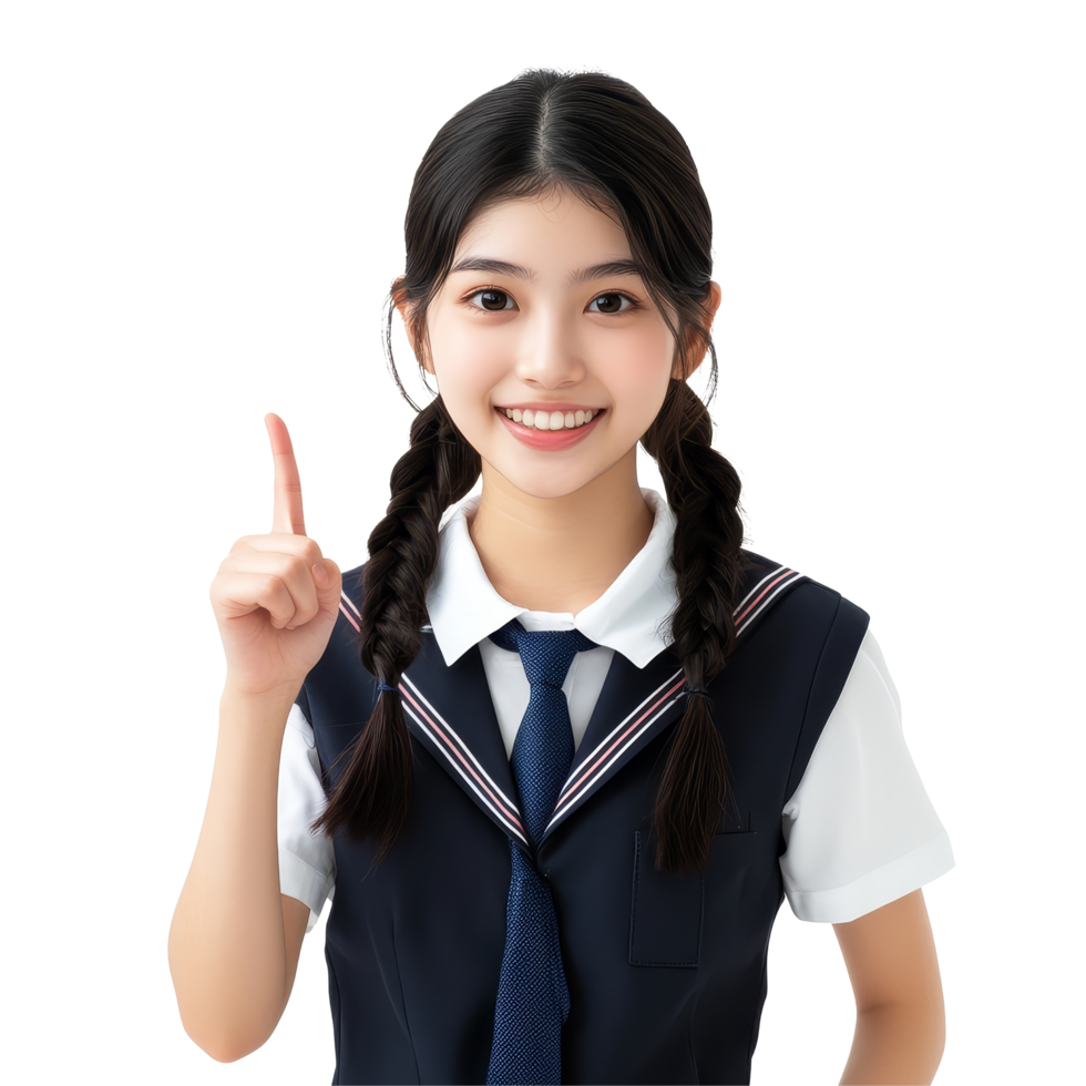 Happy Asian student girl in school uniform smiling and pointing on a bright day indoors, Happy pretty Asian student girl in school uniform isolated transparent background png