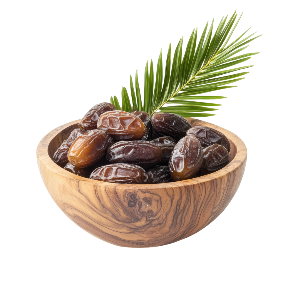 Fresh dates in a wooden bowl with a palm leaf on a transparent background showcasing natural textures and colors, date palm in wood bowl isolated on transparent background png