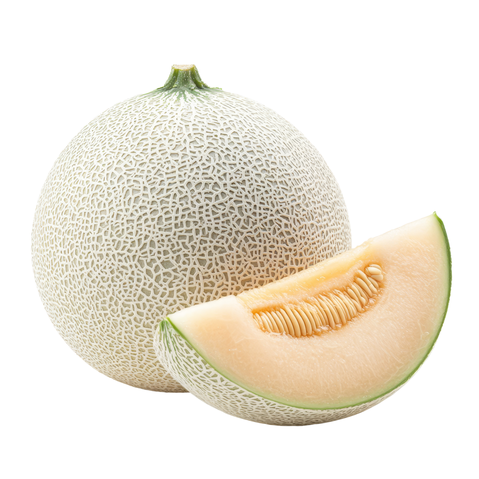 Fresh transparent cantaloupe melon displayed on a clean transparent background, showcasing its unique texture and coloration, transparent cantaloupe melon on transparent background png