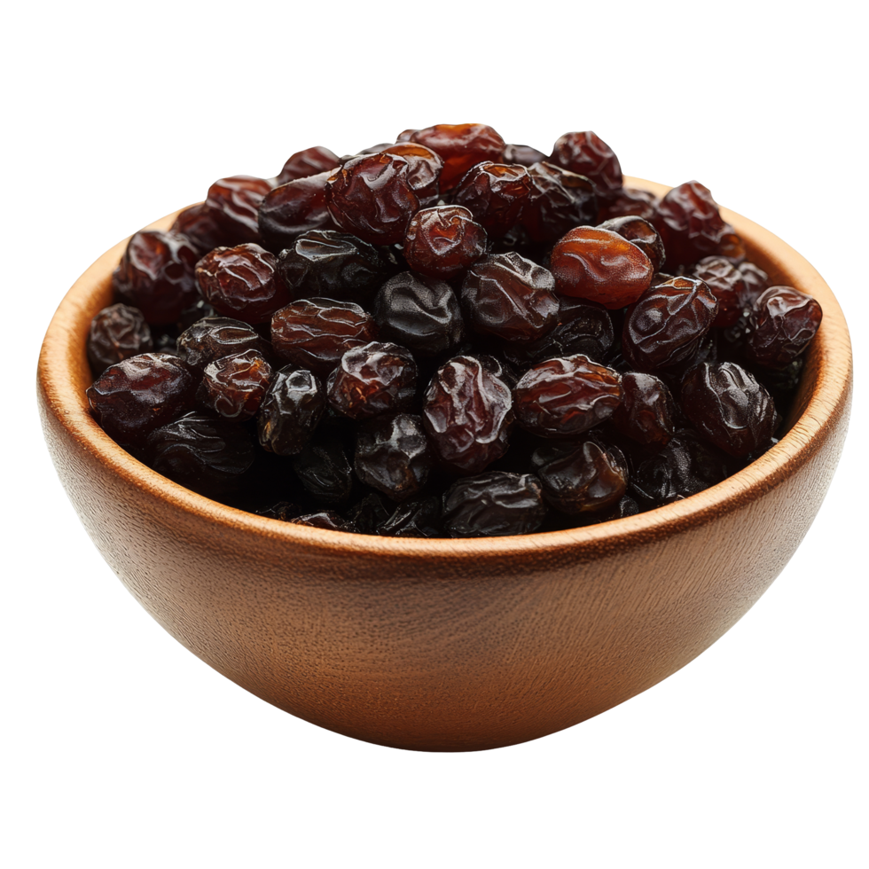 Bowl of delicious raisins isolated on a transparent background showcasing rich texture and color, Bowl of raisin isolated png