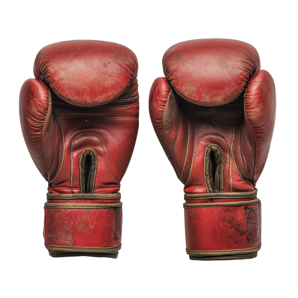 Red boxing gloves isolated on a transparent background highlighting their worn texture and classic design, boxing gloves isolated on transparent background png