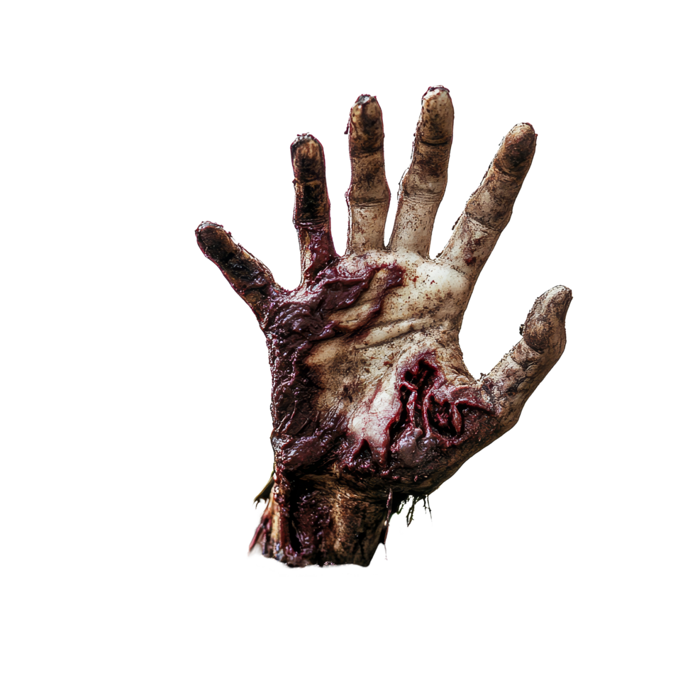 Zombie hand emerging from dark soil in a chilling Halloween horror atmosphere, Zombie Hand Emerging from Ground, Horror Scene, Halloween, transparent background png
