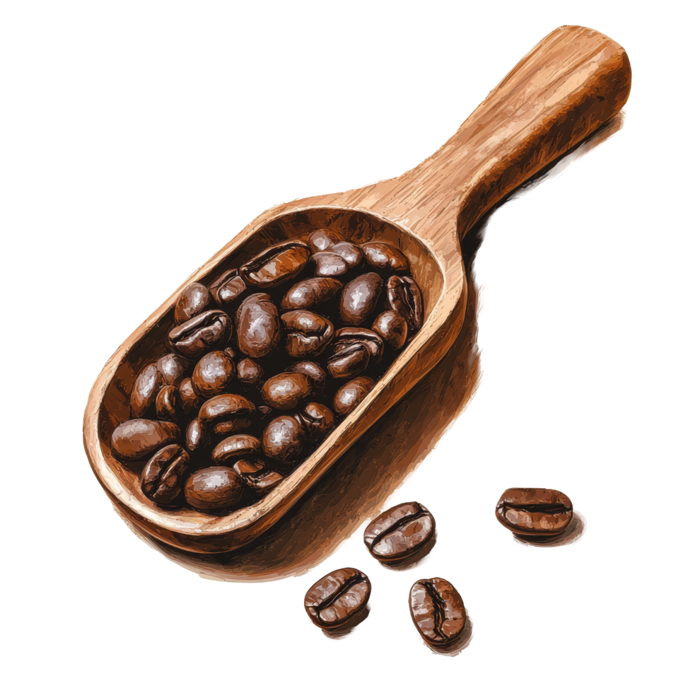Freshly roasted coffee beans in a wooden scoop resting on a light background, ideal for coffee enthusiasts and culinary arts, Coffee beans on wooden scoop Stock Illustration png