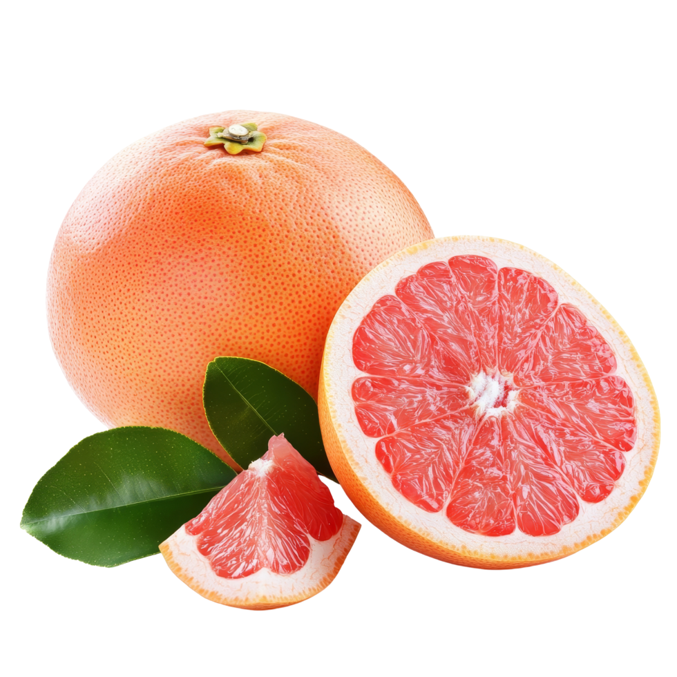 Fresh grapefruit halves with vibrant pink flesh and green leaves isolated on a clean transparent background, Grapefruit isolated on transparent background background png