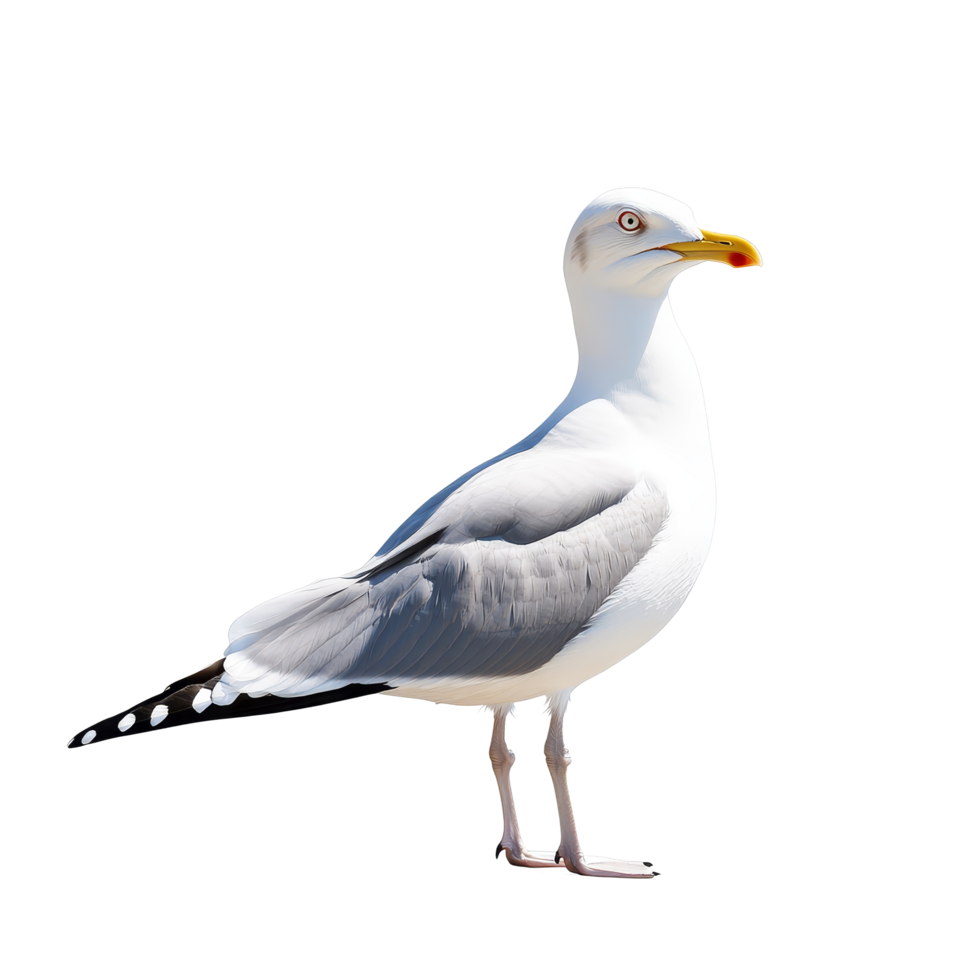 A solitary seagull waits patiently for food against a bright, transparent background in an isolated location, typical seagull waiting for something isolated on transparent background png
