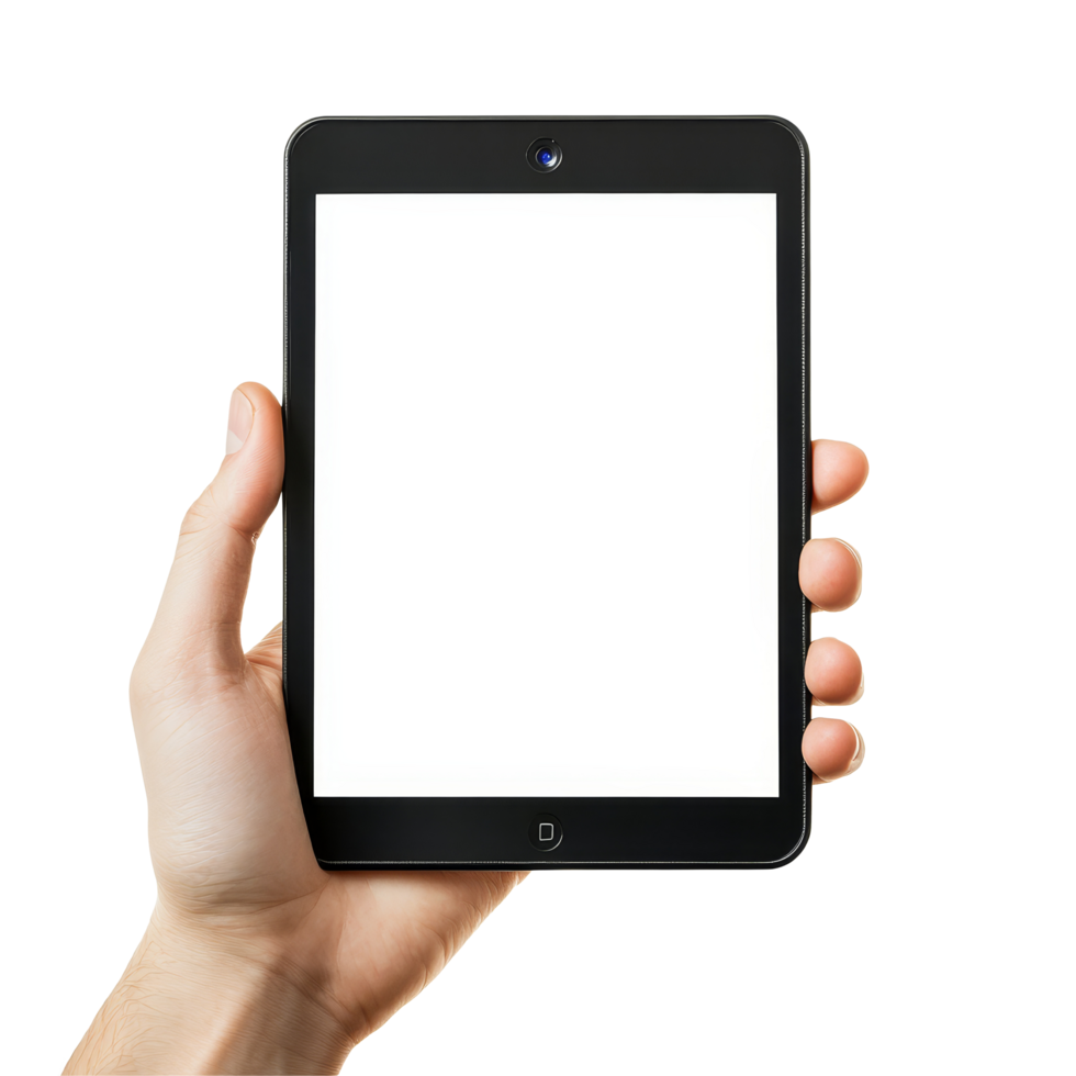 A human hand is holding a tablet with a blank screen against a neutral background in a well lit environment, human hand holding tablet with blank display screen isolated on transparent background png