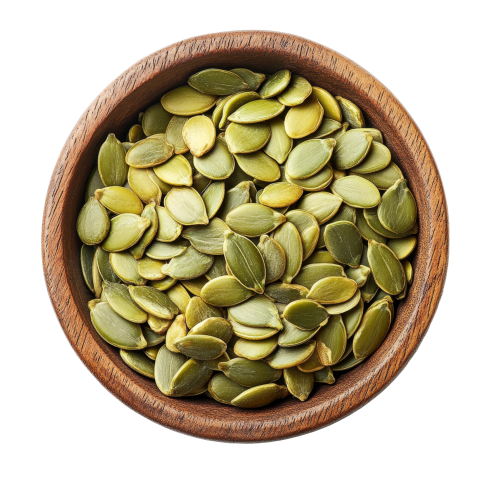 Pumpkin seeds in a wooden bowl on a transparent background ready for healthy snacking or cooking, Pumpkin seeds in wood bowl on transparent background png