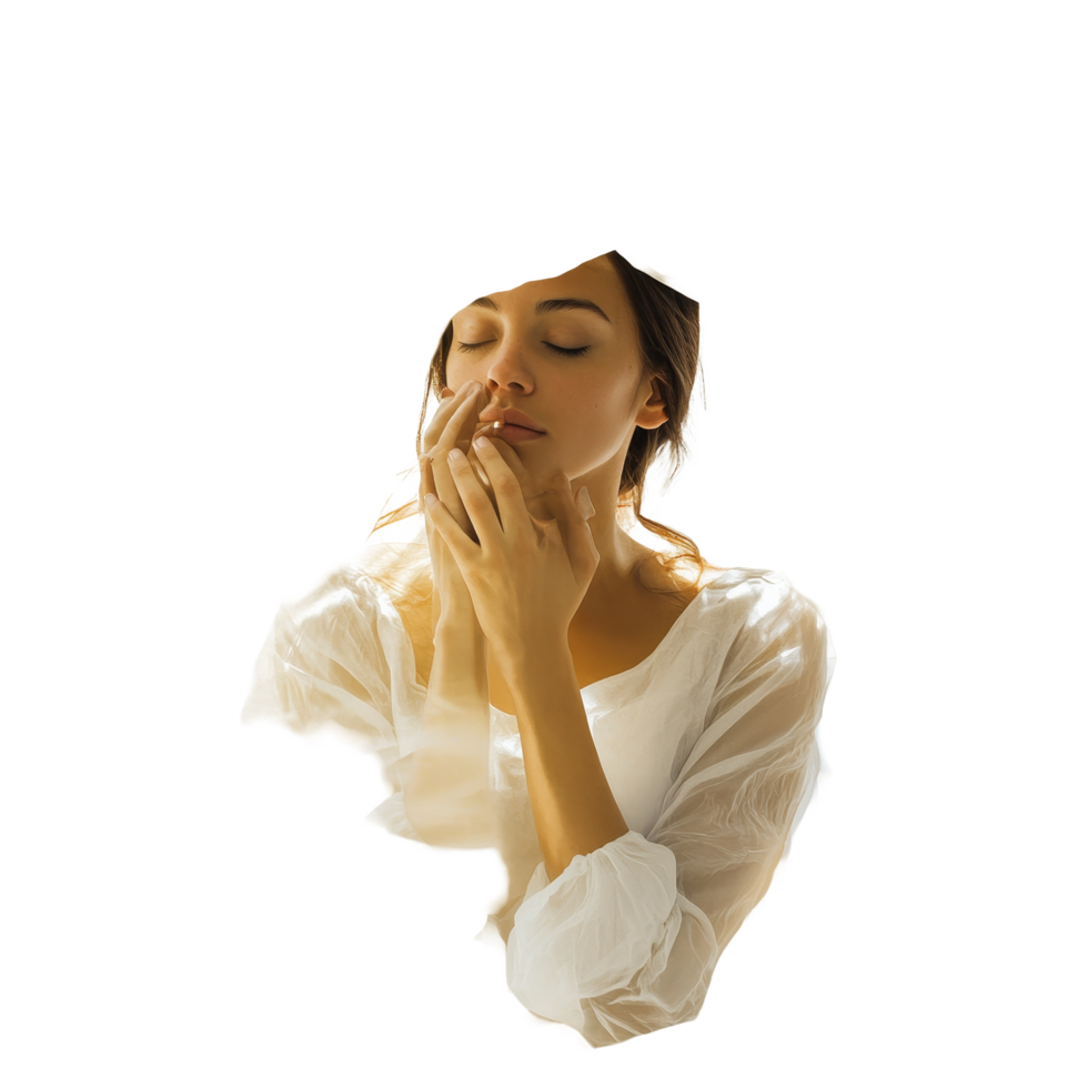 Beautiful pregnant woman peacefully posing with graceful hands against a clean transparent background, Prengnat woman on transparent background png