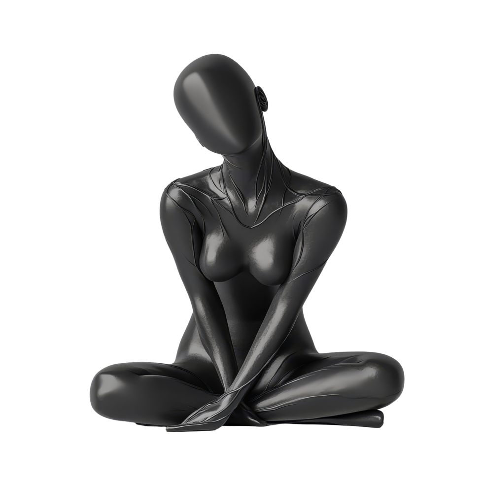Sculptural representation of a seated woman in a minimalist black design on a transparent background, Woman Sculpture 3d isolate rendering on transparent background png