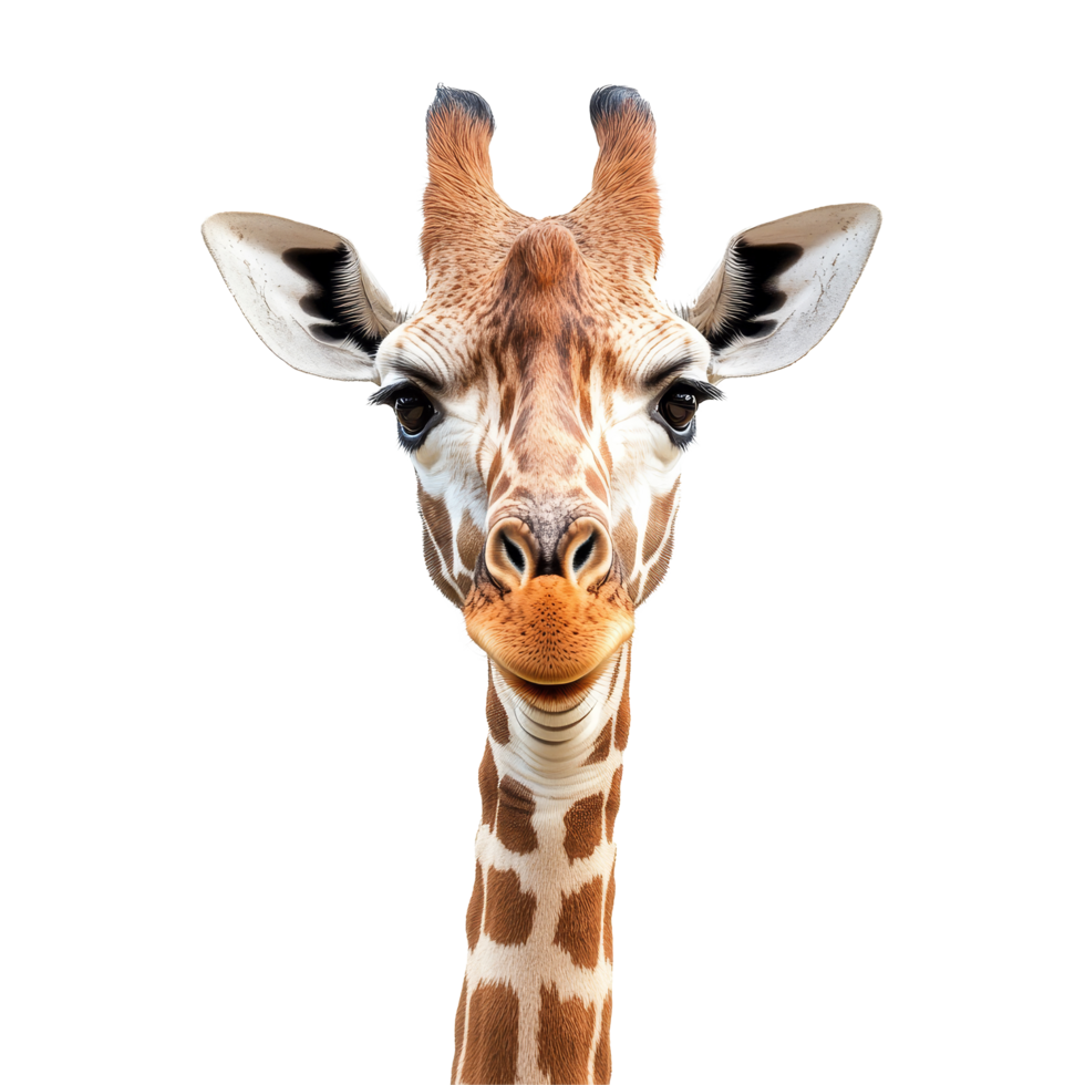 Young giraffe close up in Africa showcasing its unique features against a transparent background, Young beautiful close up giraffe Africa animal isolate die cut stand on transparent background png