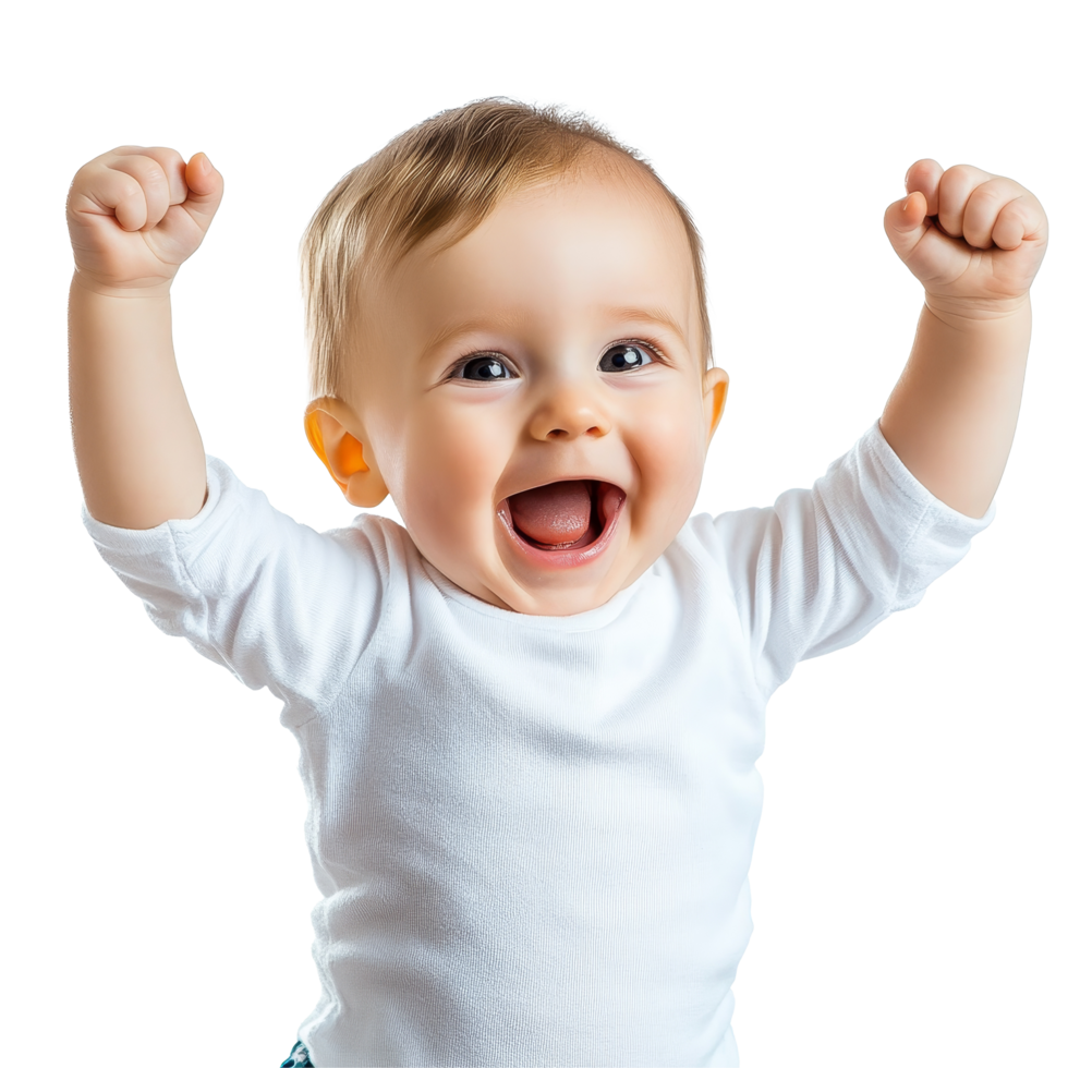 Joyful baby expressing happiness with raised arms against a clean transparent background during daylight, Happy Baby Gesture on transparent background png