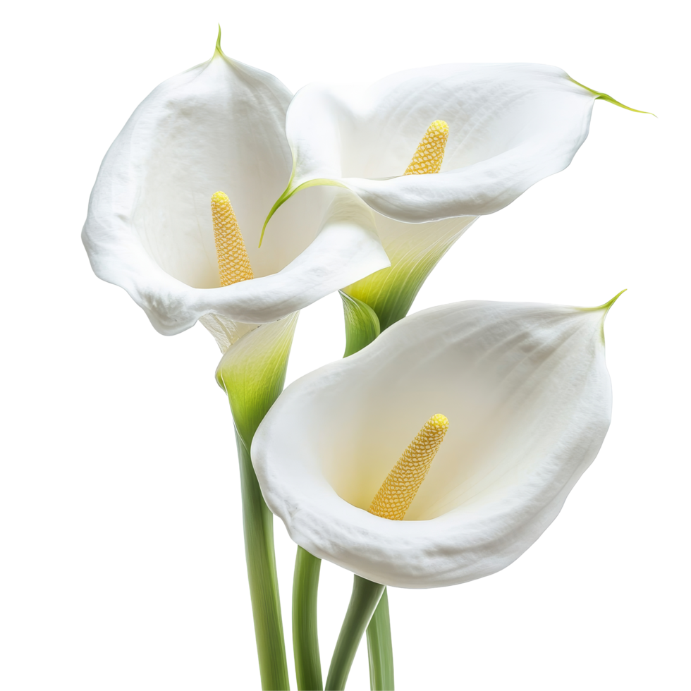 Elegant calla lilies in full bloom showcasing vibrant transparent petals against a bright transparent background, Calla Lilies flowers isolated on transparent background cutout png