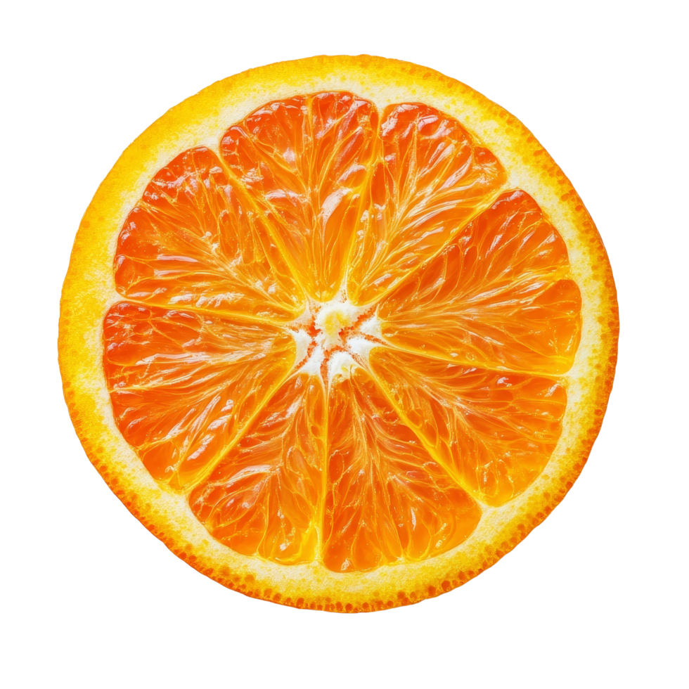 Freshly sliced orange on a clean transparent background showcasing its juicy segments and vibrant color, Orange slice isolated on transparent background png