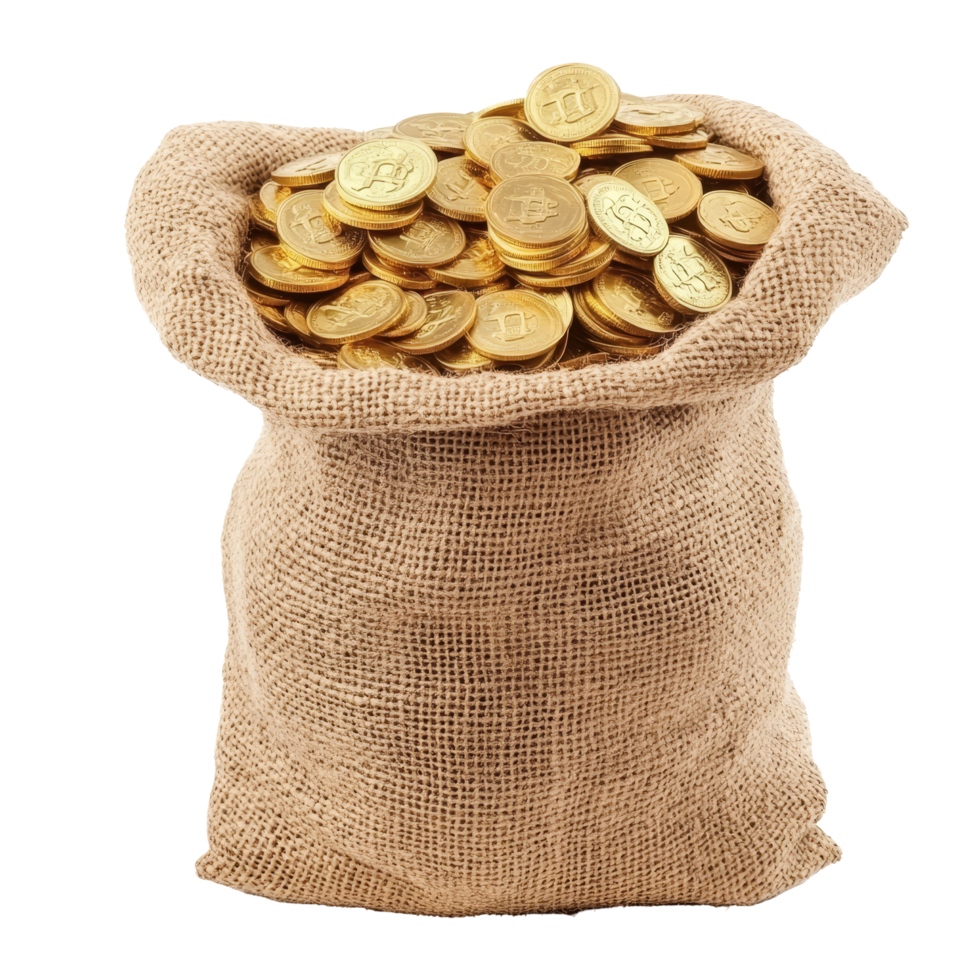 Burlap sack filled with shimmering gold coins resting on transparent for a luxurious touch, Burlap sack full with gold coins isolated on transparent background Stock Photo png