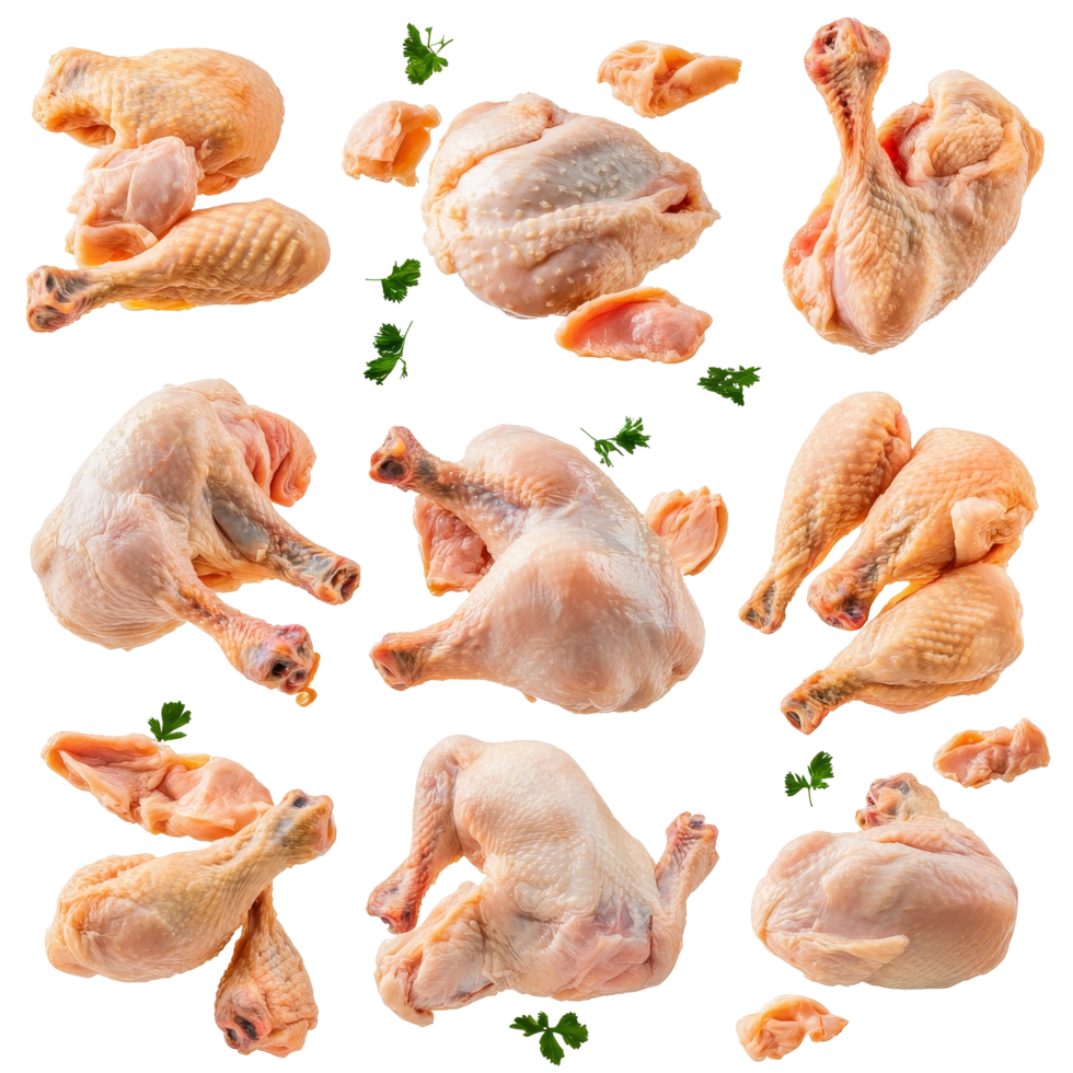 Collage of isolated raw chicken parts on a transparent background showcasing various cuts and shapes for culinary use, Isolated whole raw chicken parts collage png